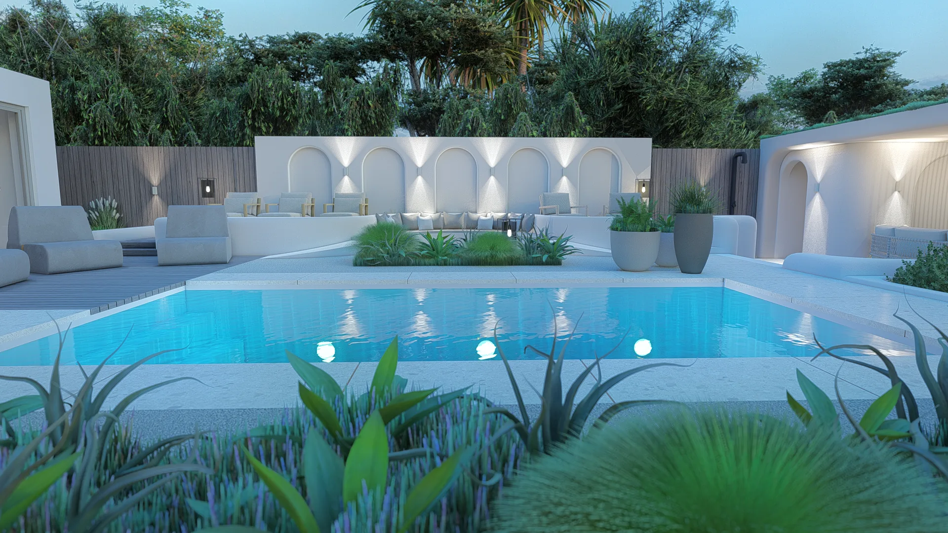 Exclusieve villatuin met loungeterras en sfeerverlichting in Vinkeveen